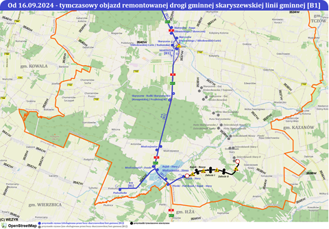 Objazd busów skaryszewskiej linii gminnej [B1] podczas przebudowy drogi gminnej w Zalesiu